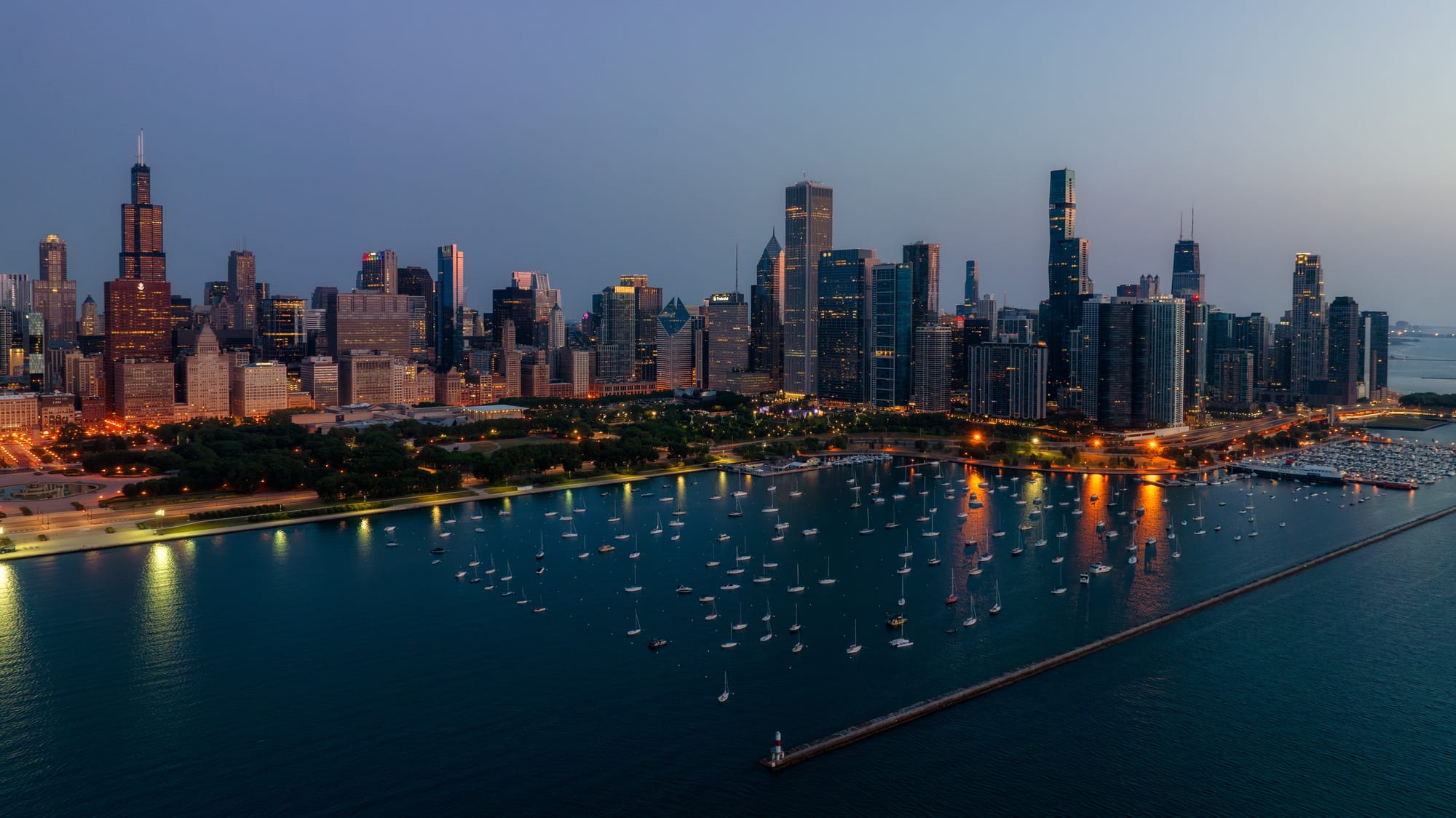 Aerial view of Chicago at dawn