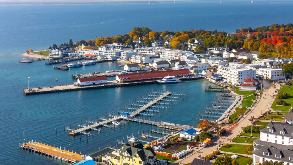 Beautiful view of the docking bay shoreline on Mackinac Island in the fall